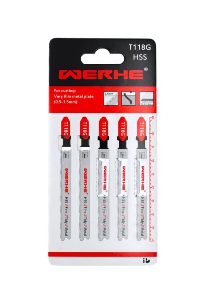 WERHE® Stichsägeblatt T118G 5 Stück für Metall Schnitte – für präzises Schneiden von sehr dünne Blechen, platten (0.5-1.5mm) – Metallsägeblatt für Stichsäge mit T Schaft Aufnahme – Zubehör Stichsäge